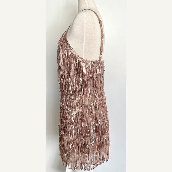 Bronx and Banco Isle Rose Gold Sequin Fringe Mini Dress - Picture 3 of 7